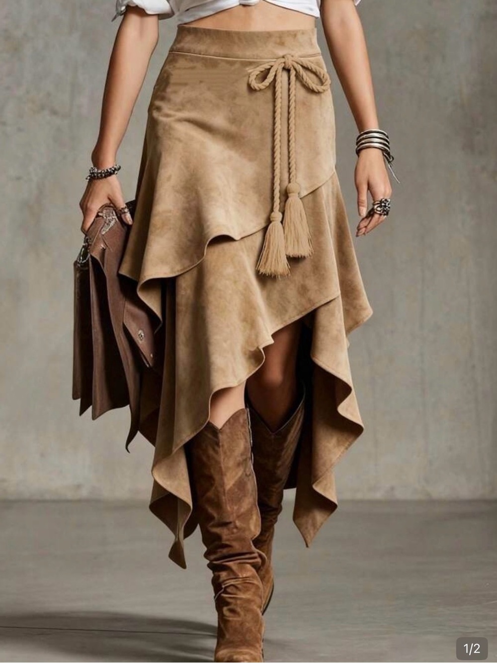 Women's Suede-Look Asymmetric Tassel Skirt - Tan
